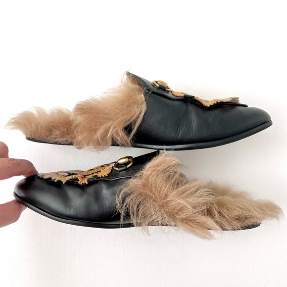 GUCCI | Princetown Horsebit Fur Black Leather Tiger Loafers Mules Flats EU 36.5 - Picture 6 of 10